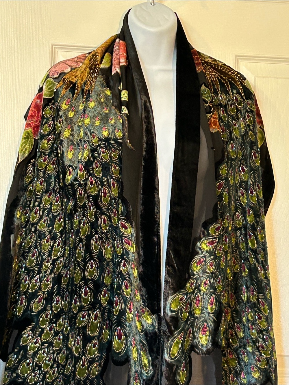 Peacock Burnout Velvet Art Nouveau Iridescent Glass beads Scarf / Shawl Boho